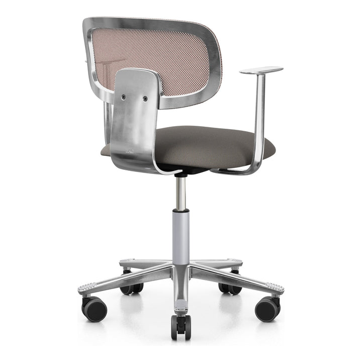 HÅG Tion 2340 Mesh with chestnut mesh back and polished aluminium frame, stem and base, rear three-quarter view - Chair Dinkum Australia