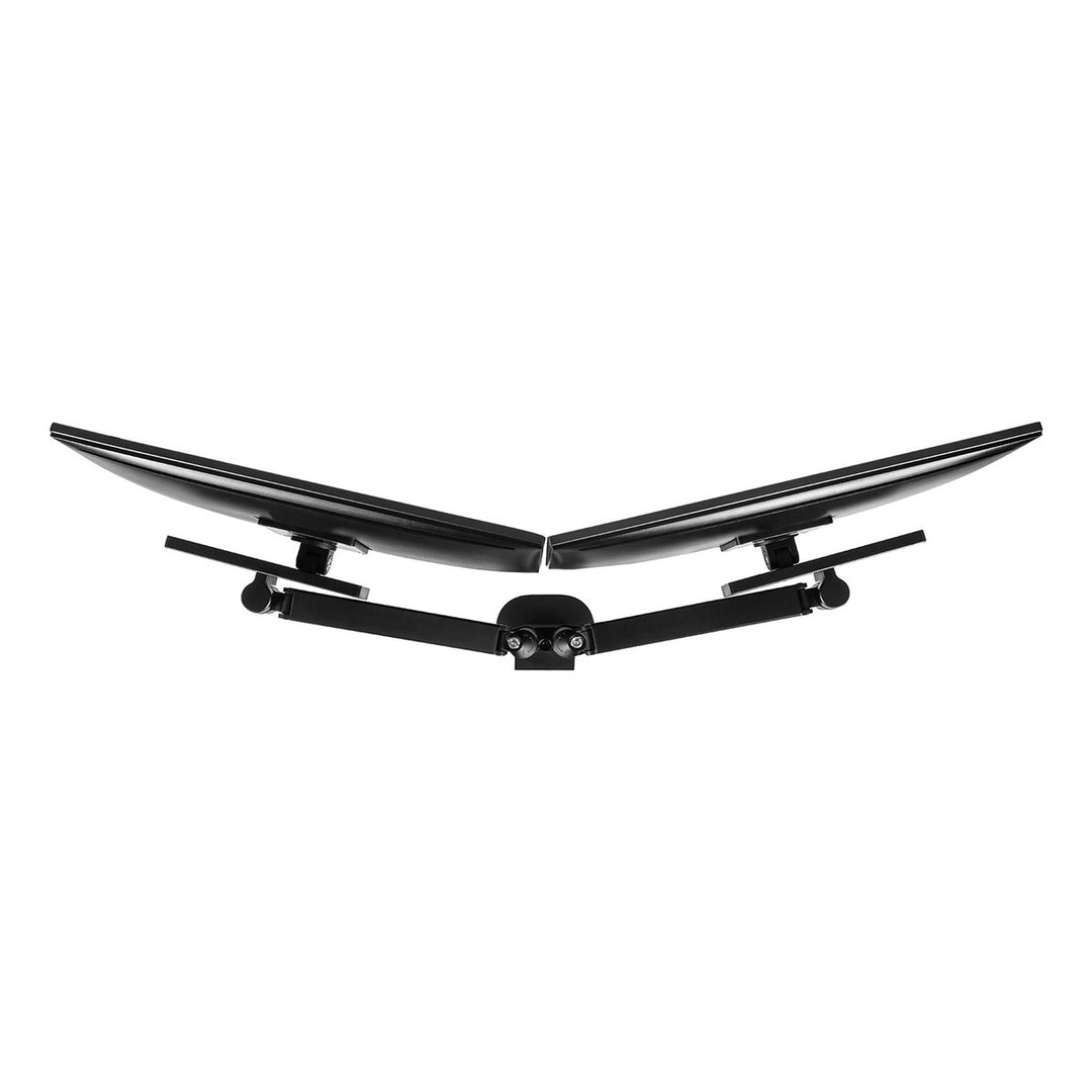 Top-down view of a black HAT Collective E2 dual monitor arm holding two curved screens