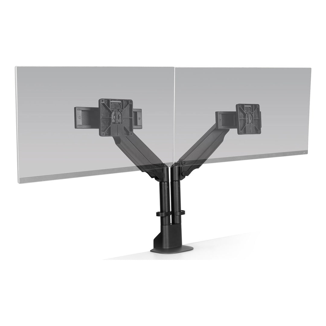HAT Collective E2 dual monitor arm in black holding two screens side by side