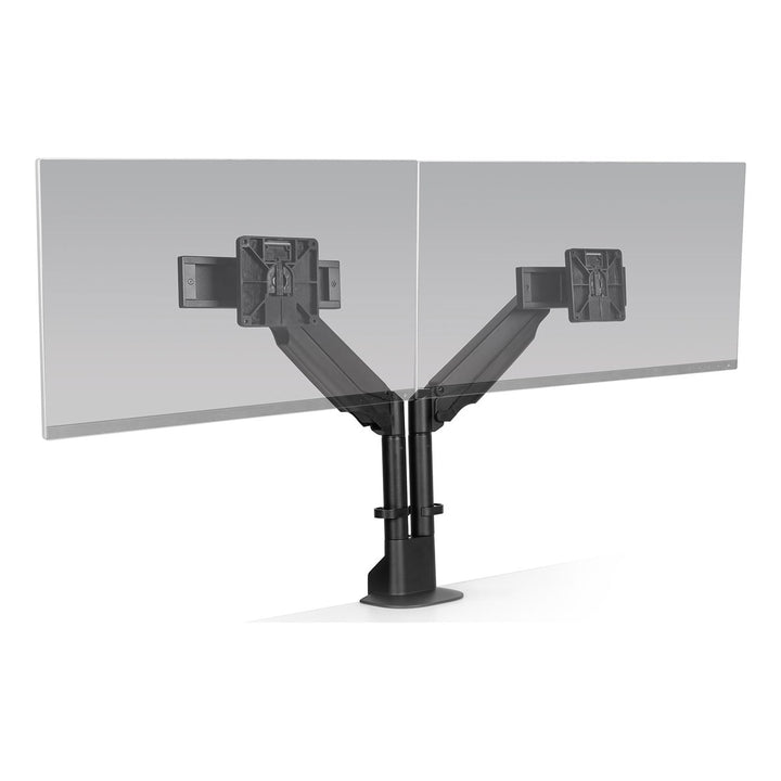 HAT Collective E2 dual monitor arm in black holding two screens side by side