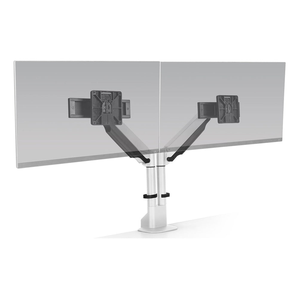 HAT Collective E2 dual monitor arm in white holding two screens side by side