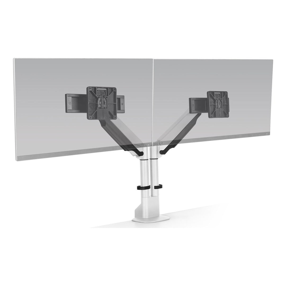 HAT Collective E2 dual monitor arm in white holding two screens side by side