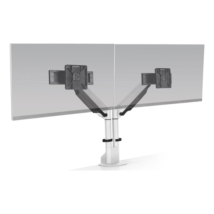 HAT Collective E2 dual monitor arm in white holding two screens side by side