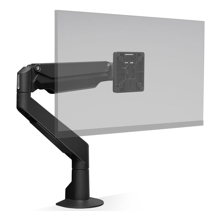 HAT Collective E2 single monitor arm in black holding a screen, front three-quarter view