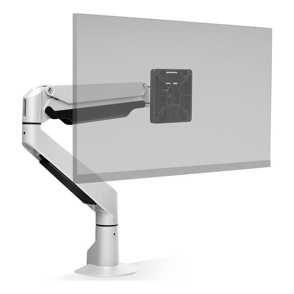 HAT Collective E2 single monitor arm in white holding a screen, front three-quarter view