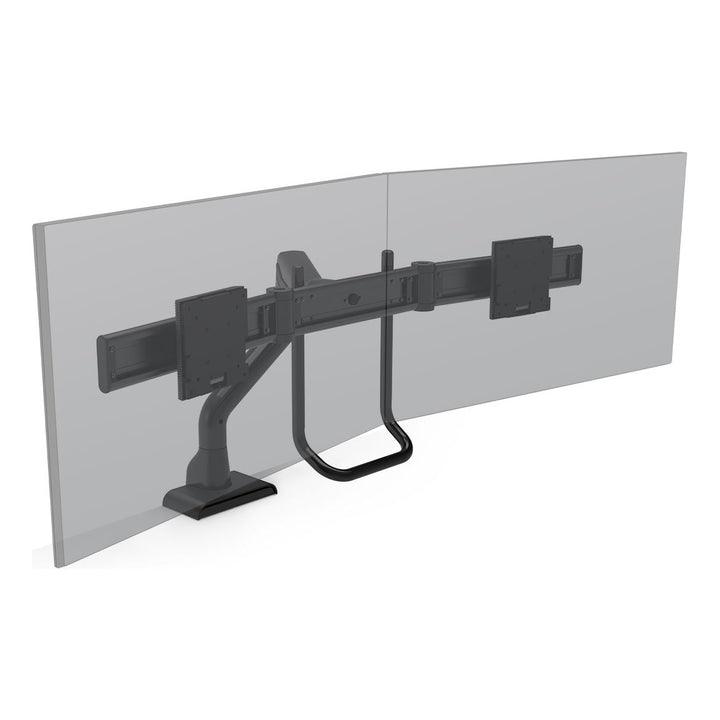 HAT Collective E5 dual crossbar dynamic monitor arm in black with its handle, holding two screens