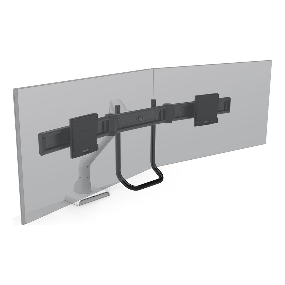 HAT Collective E5 dual crossbar dynamic monitor arm with a white arm and base and a black crossbar and handle, holding two screens
