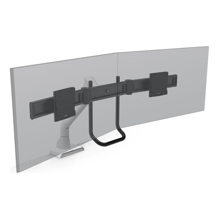 HAT Collective E5 dual crossbar dynamic monitor arm with a white arm and base and a black crossbar and handle, holding two screens