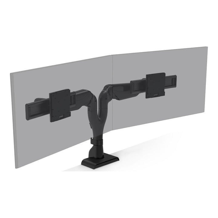 HAT Collective E5 dual dynamic monitor arm in black holding two screens side by side