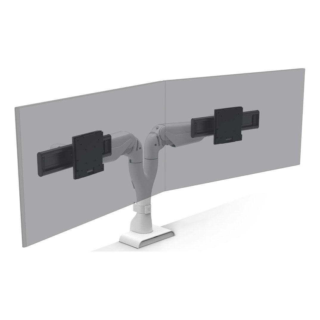 HAT Collective E5 dual dynamic monitor arm in white holding two screens side by side