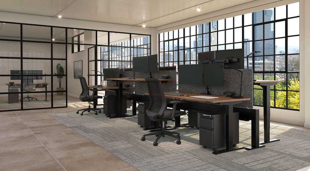 Open office with black HAT Collective E5 dual monitor arms on height-adjustable desks