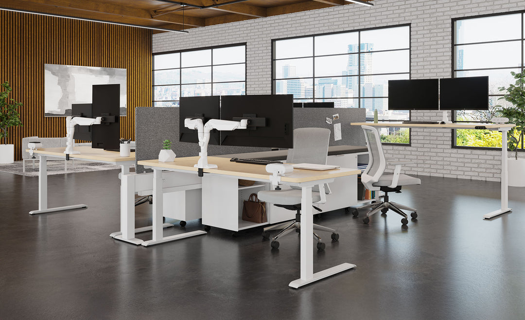 Open office with white HAT Collective E5 dual monitor arms on white height-adjustable desks