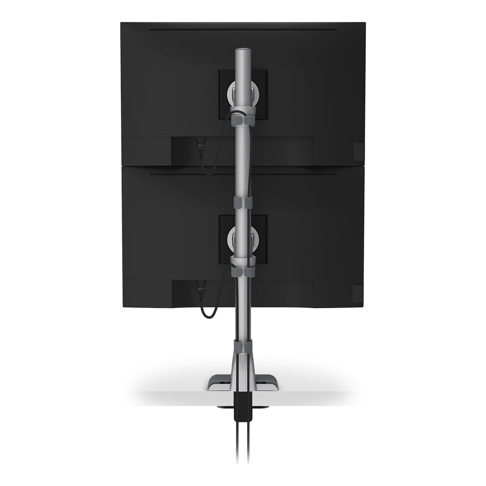 Rear view of a HAT Collective E5 one-over-one static pole in silver with two stacked screens