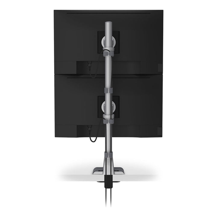 Rear view of a HAT Collective E5 one-over-one static pole in silver with two stacked screens