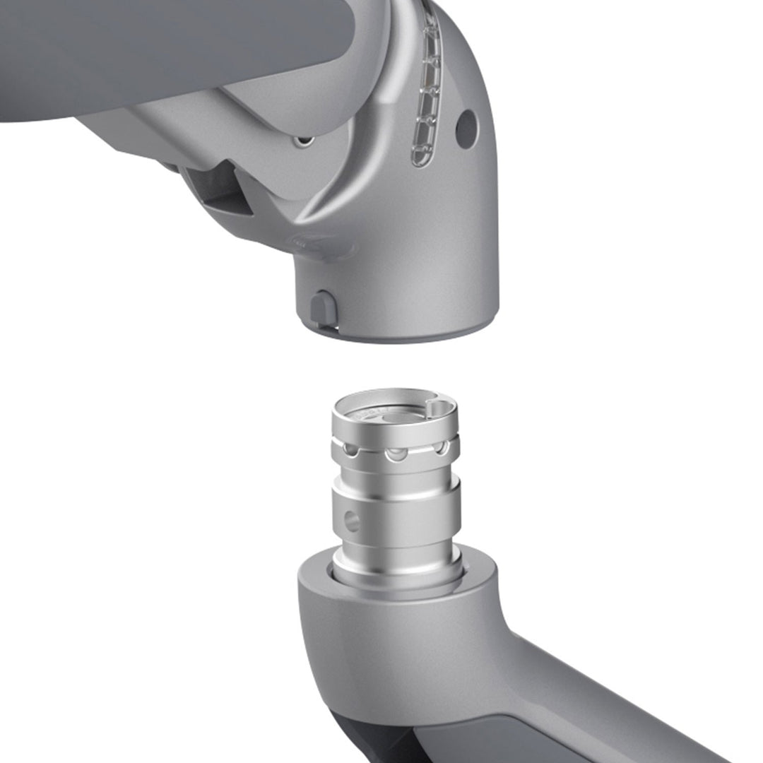 Close-up of the HAT Collective E5 push-button quick connection between two arm components, silver finish