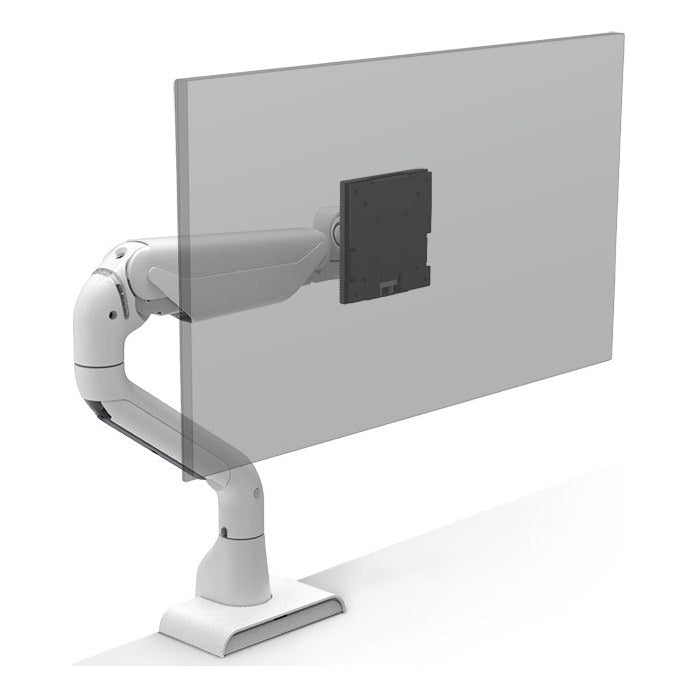 HAT Collective E5 single dynamic monitor arm in white holding a screen, front three-quarter view