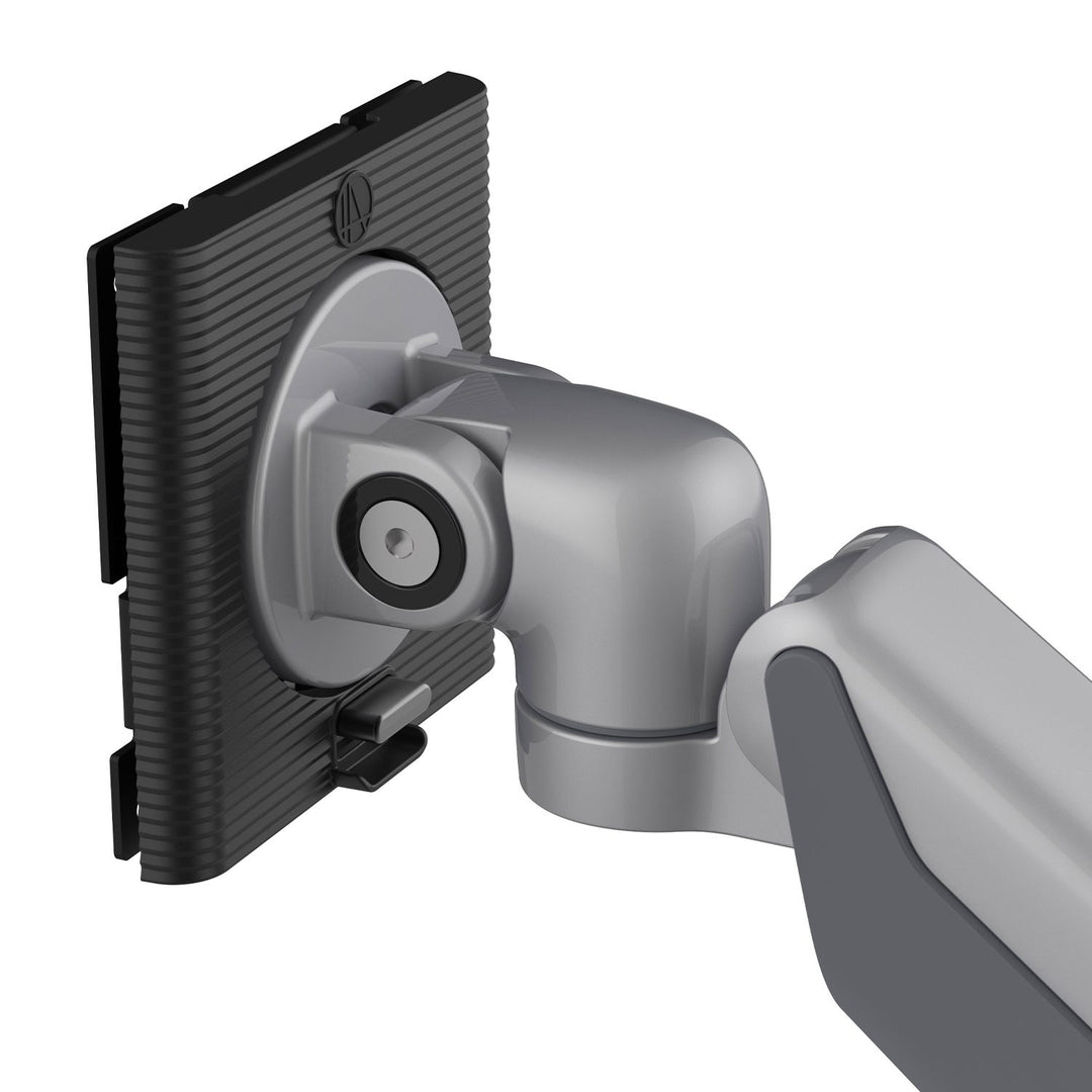 Close-up of the HAT Collective E5 tilter head and quick-disconnect VESA plate, silver finish