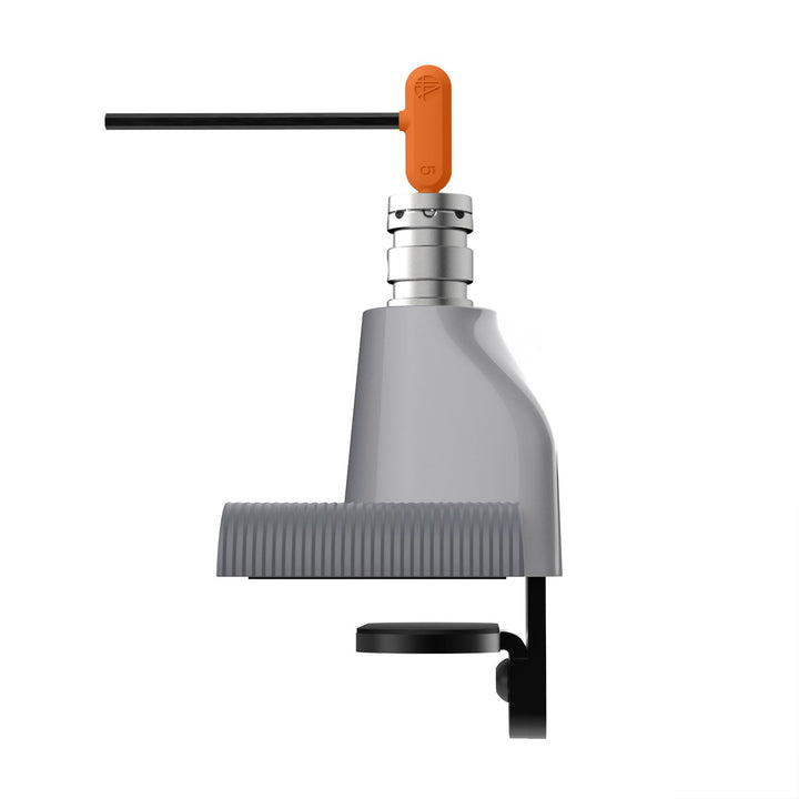 HAT Collective E5 top-down desk mount in a polished finish with the install tool fitted in its storage slot
