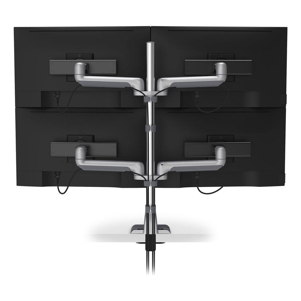 Rear view of a HAT Collective E5 two-over-two static pole in silver holding four screens