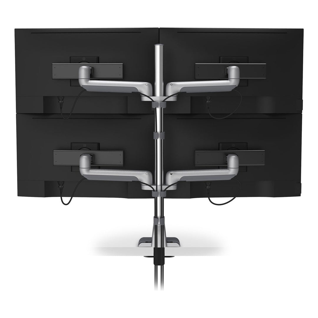 Rear view of a HAT Collective E5 two-over-two static pole in silver holding four screens