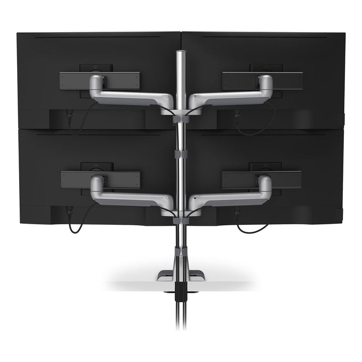 Rear view of a HAT Collective E5 two-over-two static pole in silver holding four screens