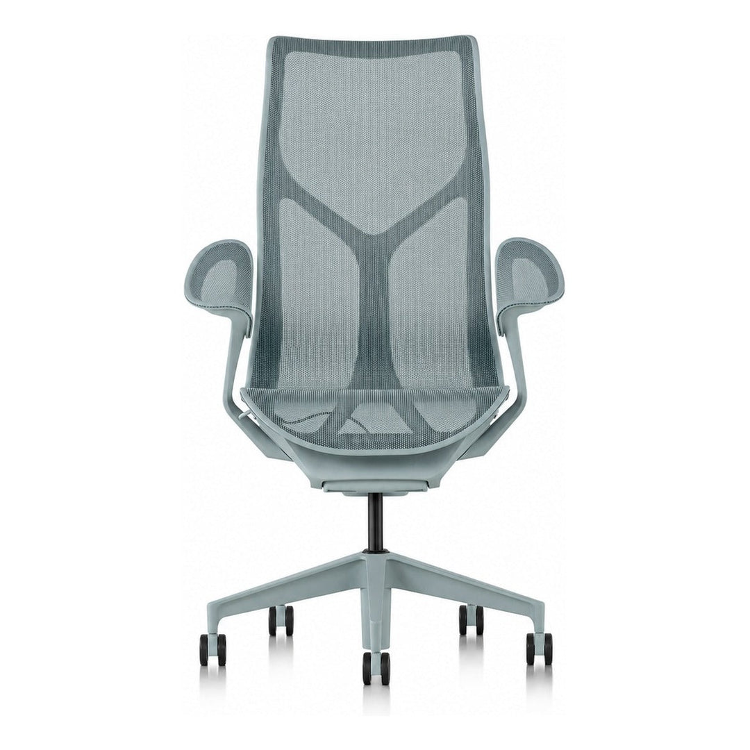 Herman Miller Cosm High Back Chair in Glacier with Leaf Arms, front view - Chair Dinkum Australia