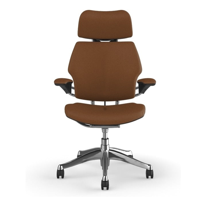 Humanscale Freedom Headrest Chair in Corvara Saddle leather on polished aluminium, front view - Chair Dinkum Australia