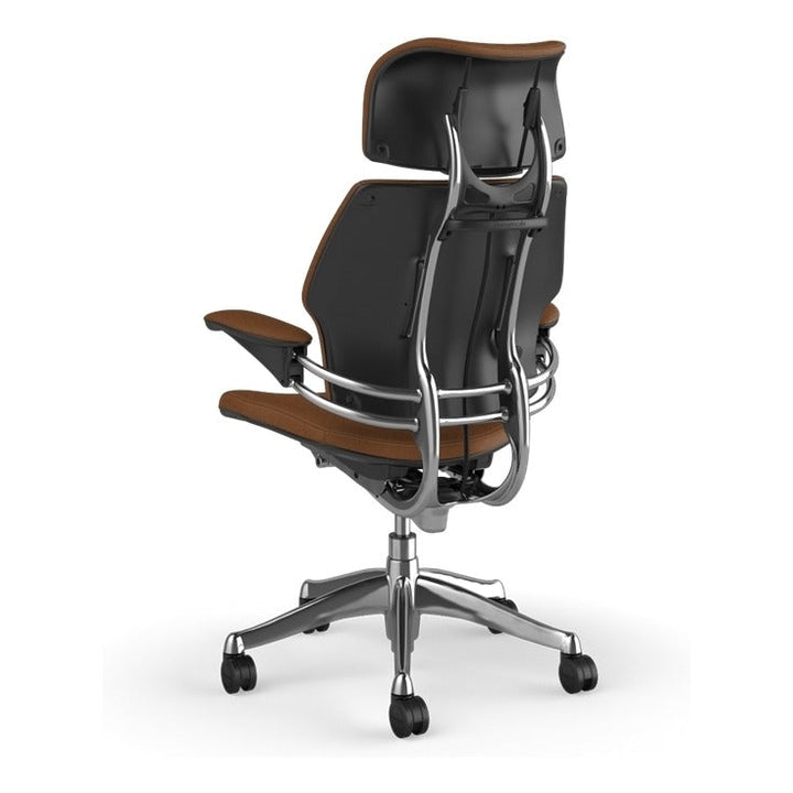 Humanscale Freedom Headrest Chair in Corvara Saddle leather on polished aluminium, rear three-quarter view - Chair Dinkum Australia