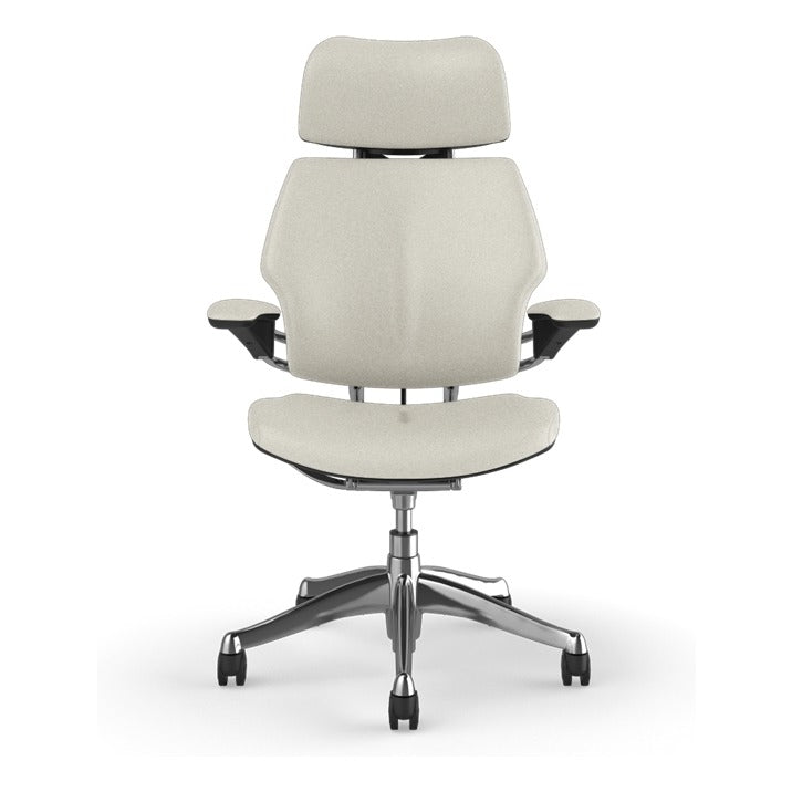 Humanscale Freedom Headrest Chair in Glacier white Ticino leather on polished aluminium, front view - Chair Dinkum Australia