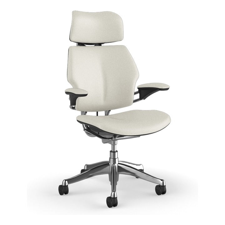Humanscale Freedom Headrest Chair in Glacier white Ticino leather on polished aluminium, front three-quarter view - Chair Dinkum Australia