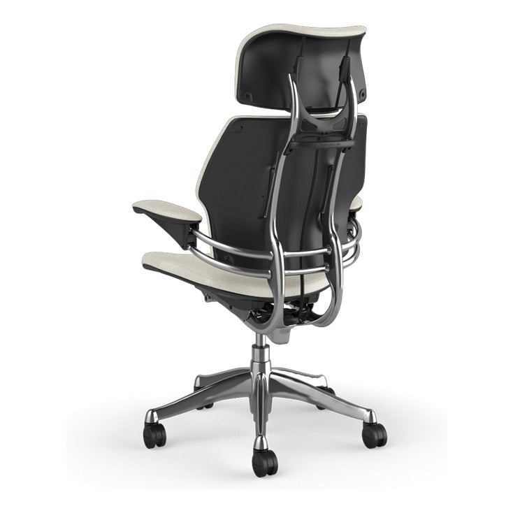 Humanscale Freedom Headrest Chair in Glacier white Ticino leather on polished aluminium, rear three-quarter view - Chair Dinkum Australia