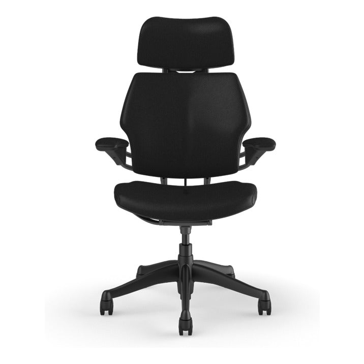 Humanscale Freedom Headrest Chair in Obsidian black Ticino leather with graphite frame, front view - Chair Dinkum Australia