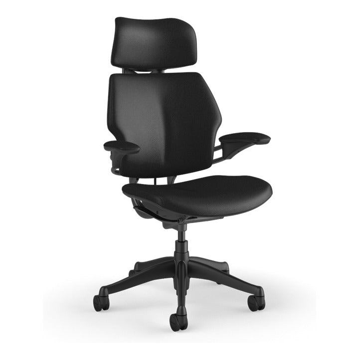 Humanscale Freedom Headrest Chair in Obsidian black Ticino leather with graphite frame, front three-quarter view - Chair Dinkum Australia