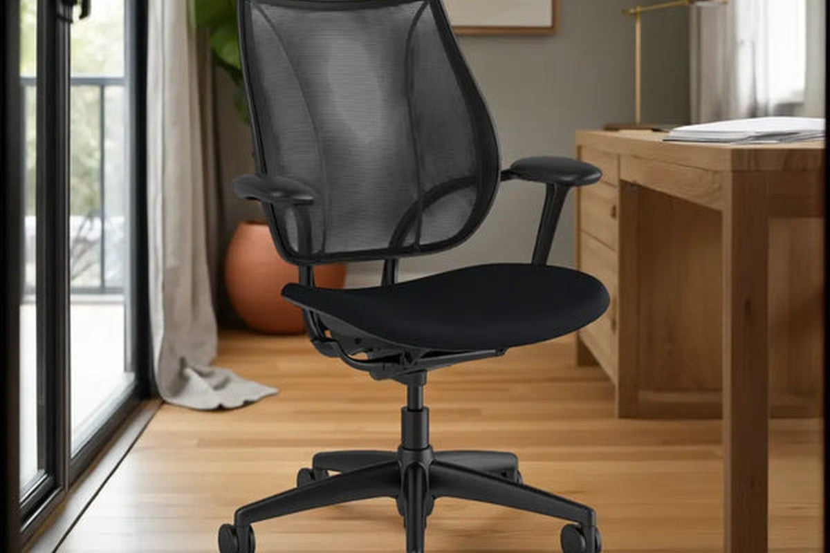 Humanscale Liberty mesh task chair shown at an angle, highlighting the frame and seat