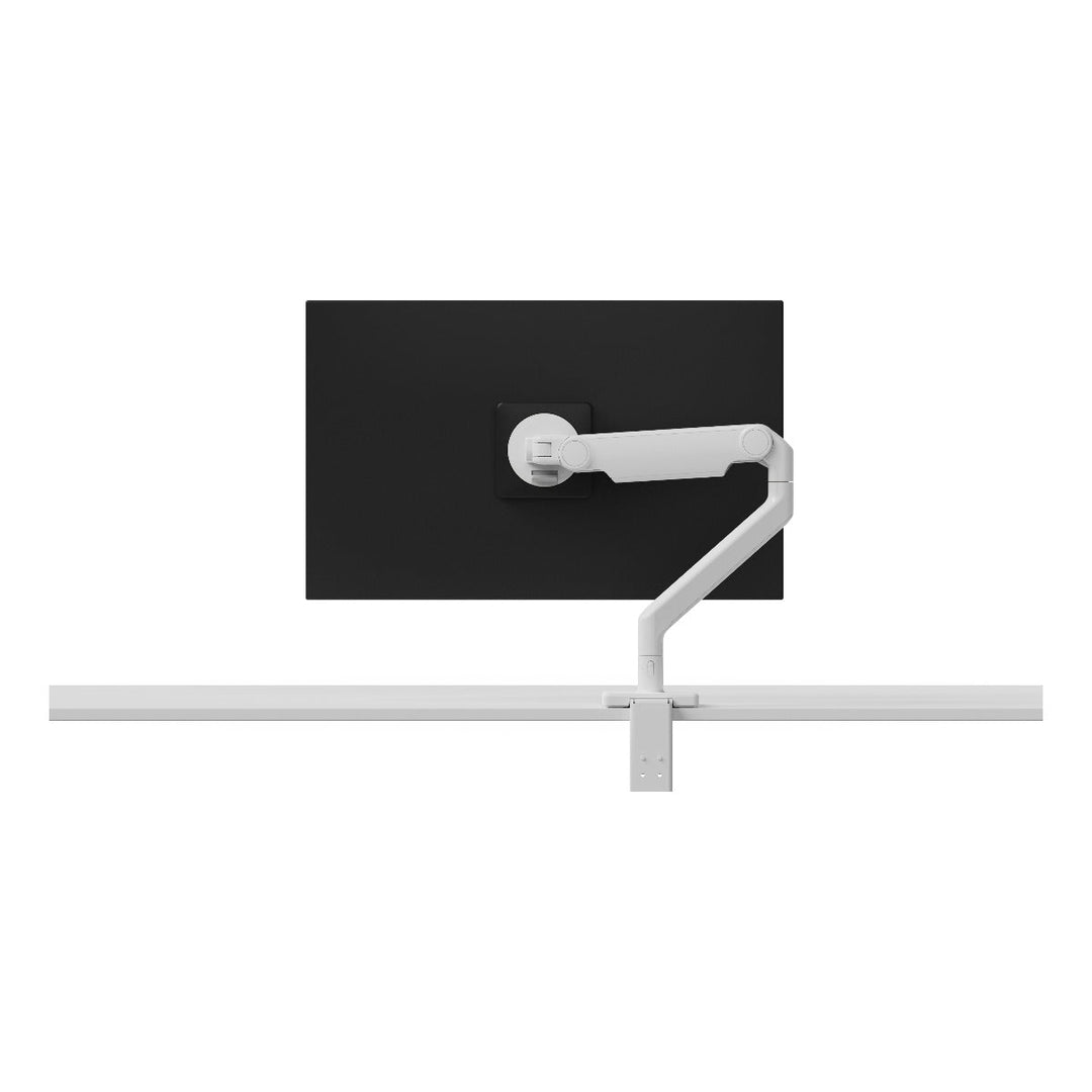 Humanscale M2.1 monitor arm in black with black trim holding a screen, white background (Humanscale render)