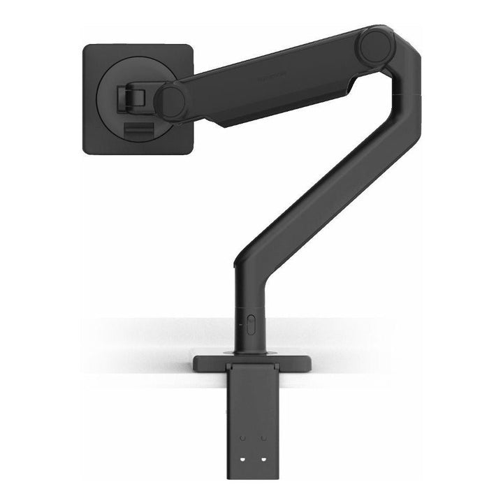 Humanscale M2.1 monitor arm in black with black trim, no screen, white background (Humanscale photograph)