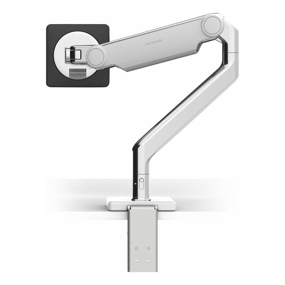 Humanscale M2.1 monitor arm in polished aluminium with white trim, no screen, white background (Humanscale photograph)