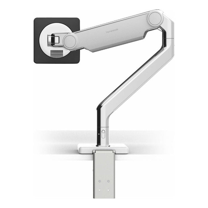 Humanscale M2.1 monitor arm in polished aluminium with white trim, no screen, white background (Humanscale photograph)