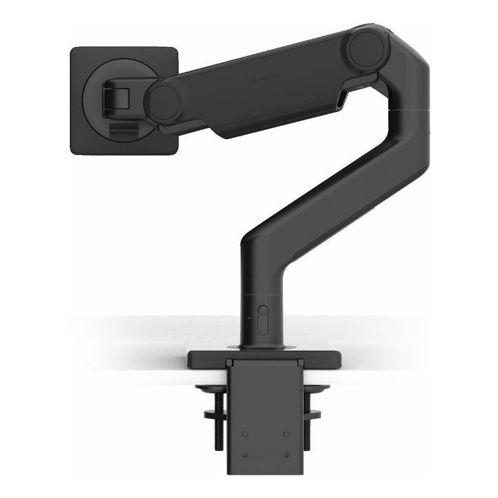 Humanscale M8.1 monitor arm in black with black trim, no screen, white background (Humanscale photograph)