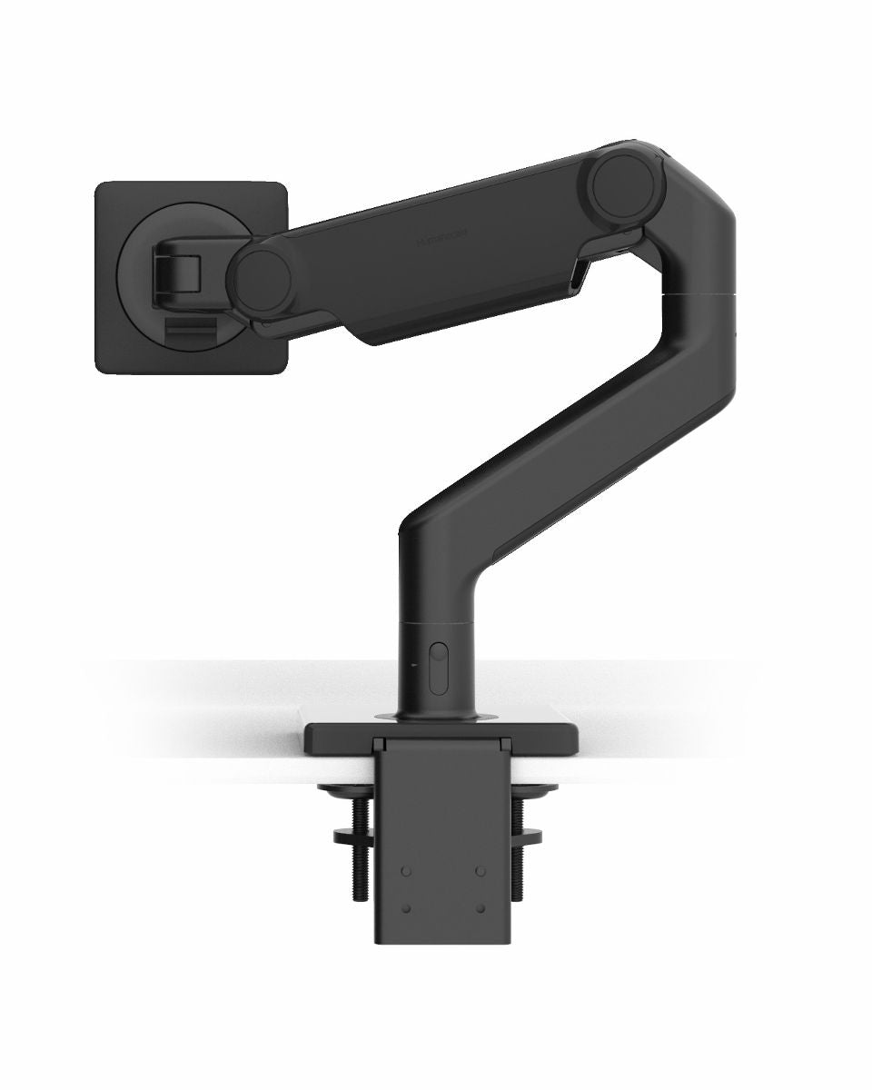 Humanscale M8.1 monitor arm in black with black trim, no screen, studio (Humanscale photograph)