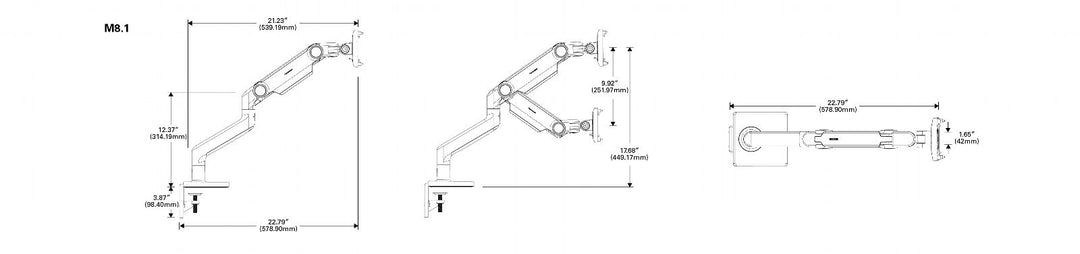 Humanscale M8.1 monitor arm dimension diagram (Humanscale photograph)