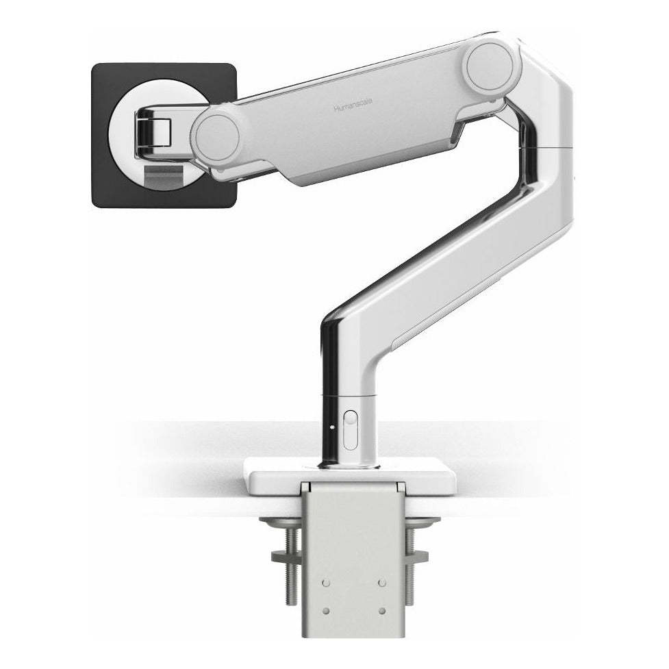 Humanscale M8.1 monitor arm in polished aluminium with white trim, no screen, white background (Humanscale photograph)