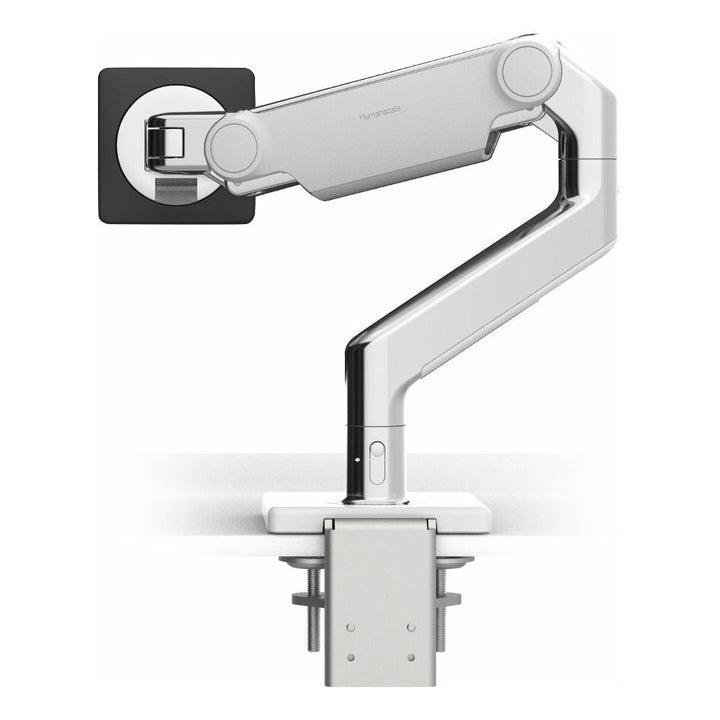 Humanscale M8.1 monitor arm in polished aluminium with white trim, no screen, white background (Humanscale photograph)