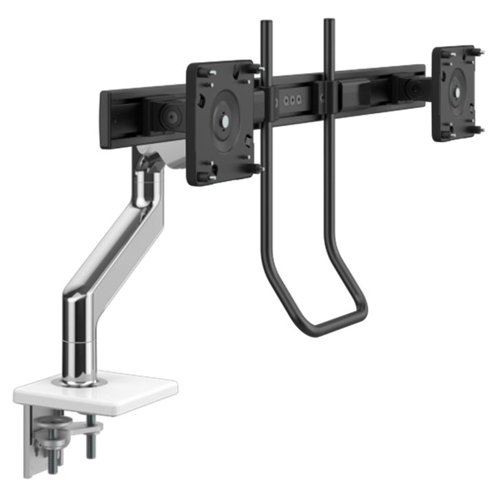 Humanscale M8 Pro Dual Monitor Arm with Crossbar and Handle in white, view 1 - Humanscale configurator render