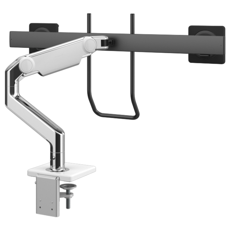 Humanscale M8 Pro Dual Monitor Arm with Crossbar and Handle in white, view 3 - Humanscale configurator render
