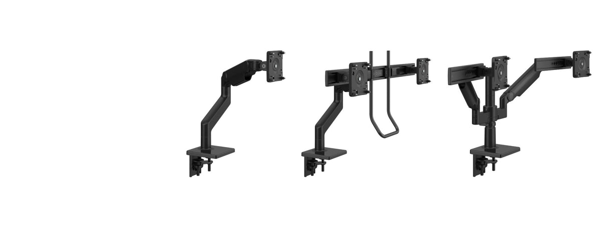Humanscale M8 Pro, M8 Pro Dual with crossbar and handle, and M/Flex M2 Pro dual with sliders monitor arms in black, Humanscale product renders