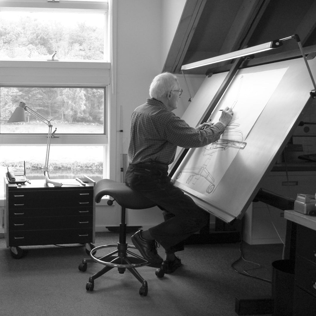 Niels Diffrient drawing at his studio drafting board - Chair Dinkum Australia