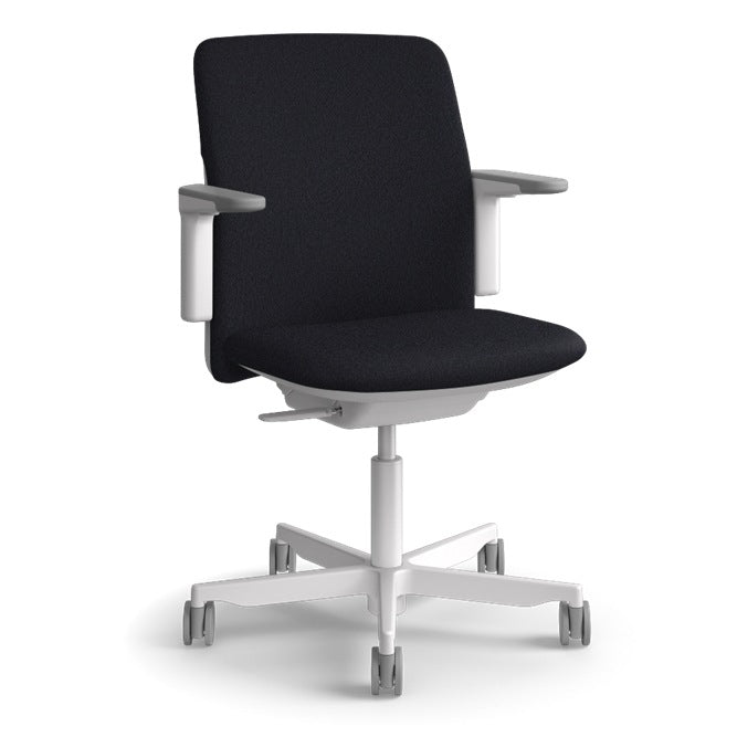 Humanscale Path task chair in Graphite FormSense Eco Knit with a light grey frame, dark grey trim and adjustable arms, three-quarter view