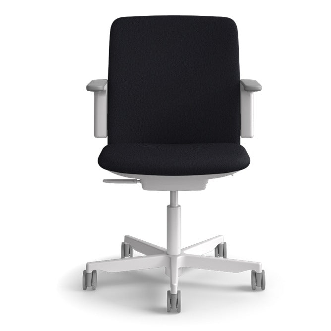 Humanscale Path task chair in Graphite FormSense Eco Knit with a light grey frame, dark grey trim and adjustable arms, front view