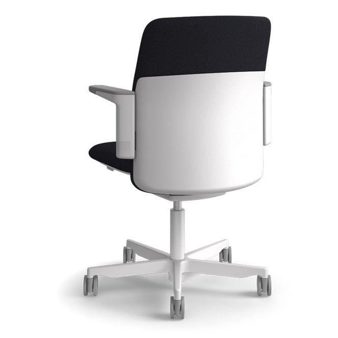 Humanscale Path task chair in Graphite FormSense Eco Knit with a light grey frame, dark grey trim and adjustable arms, rear three-quarter view showing the back shell